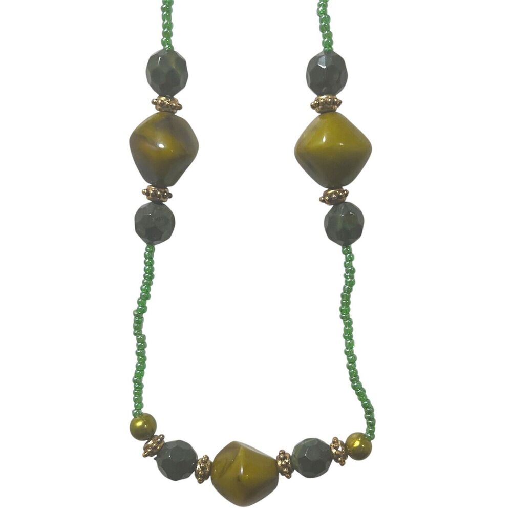 Long Green Bead Necklace, Vintage Y2K, Approx 33", Multi Shades of Green